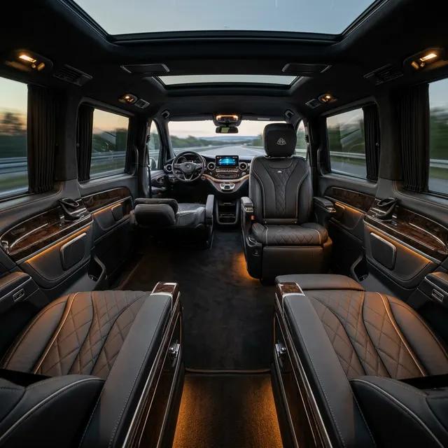 Langstreckentaxi Langstreckenfahrten - VIP Innenraum schwarze Sitze Langstreckentaxi Langstreckenfahrten - VIP Innenraum schwarze Sitze