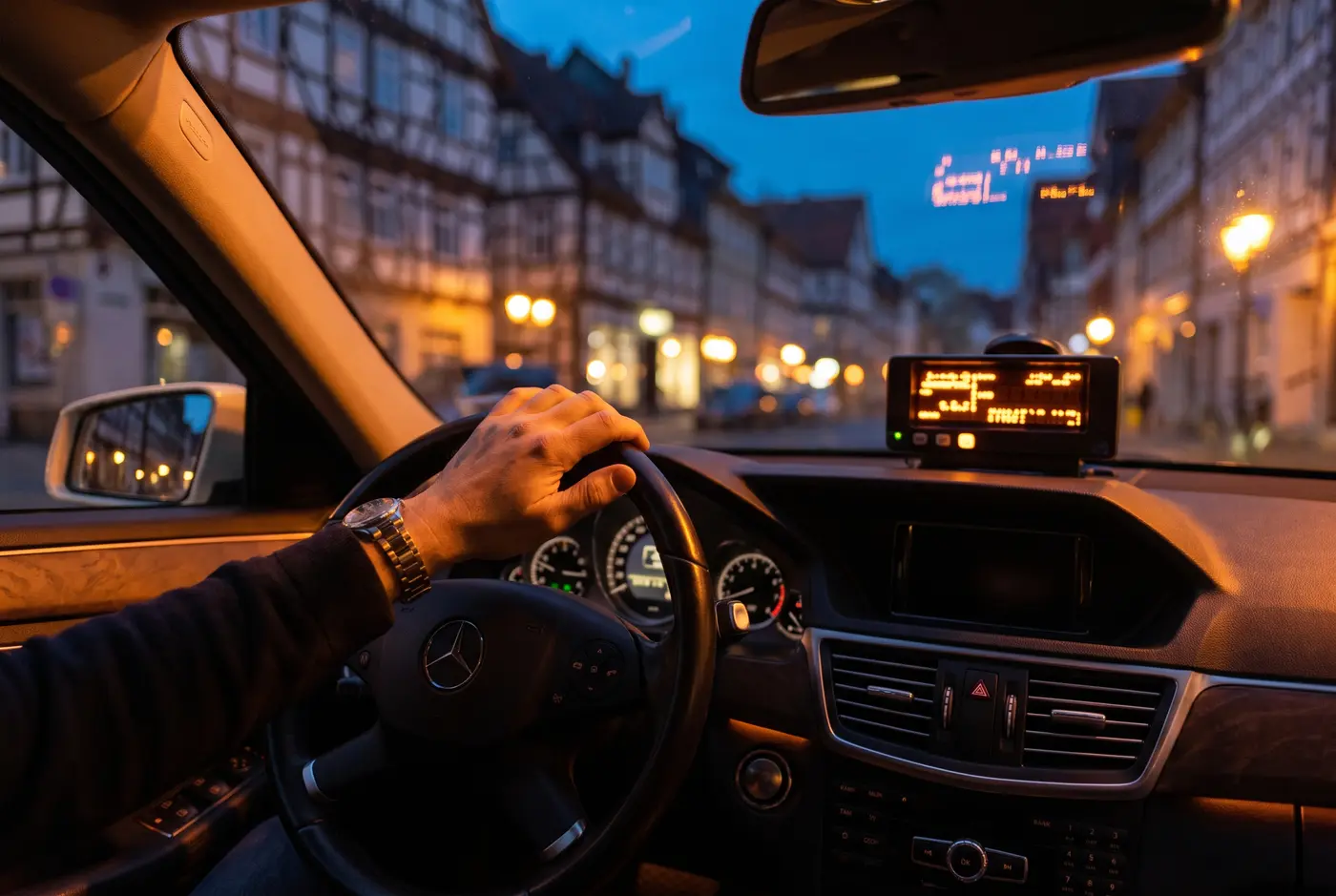 Taxi Tübingen Preise – Taxameter im Mercedes-Taxi von Taxi Akbulut bei einer Abendfahrt durch die Tübinger Altstadt