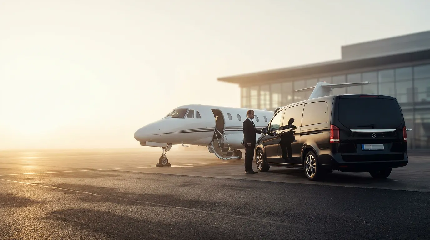 Mercedes-Benz V-Klasse Mietwagen mit Chauffeur vor einem Privatjet am General Aviation Terminal, Chauffeur-Transfer von Taxi Akbulut Tübingen
